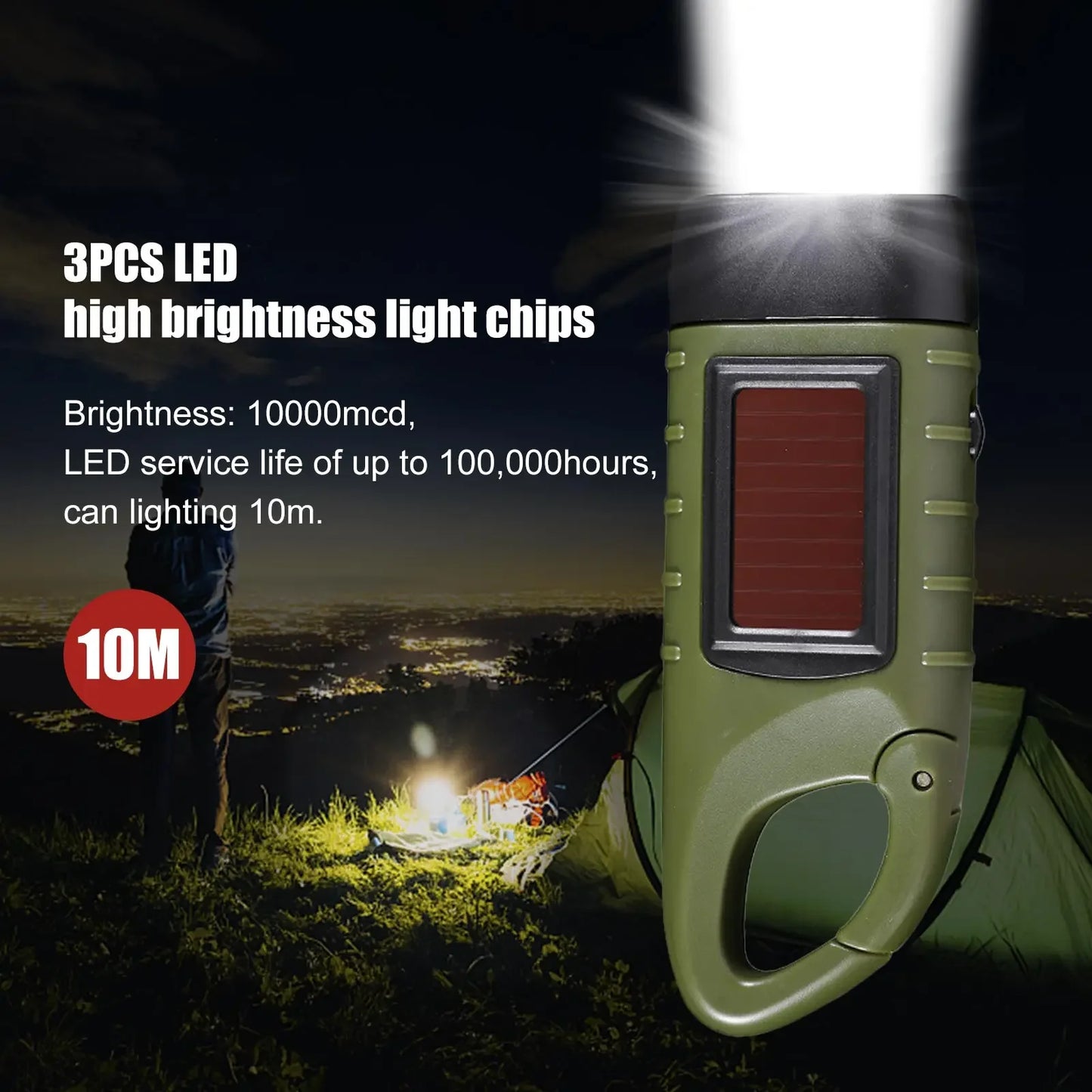 Mini Hand Crank Solar Powered Flashlight Carabiner Flashlight Clip on Backpack for Camping Mountaineering and Outdoor Hiking