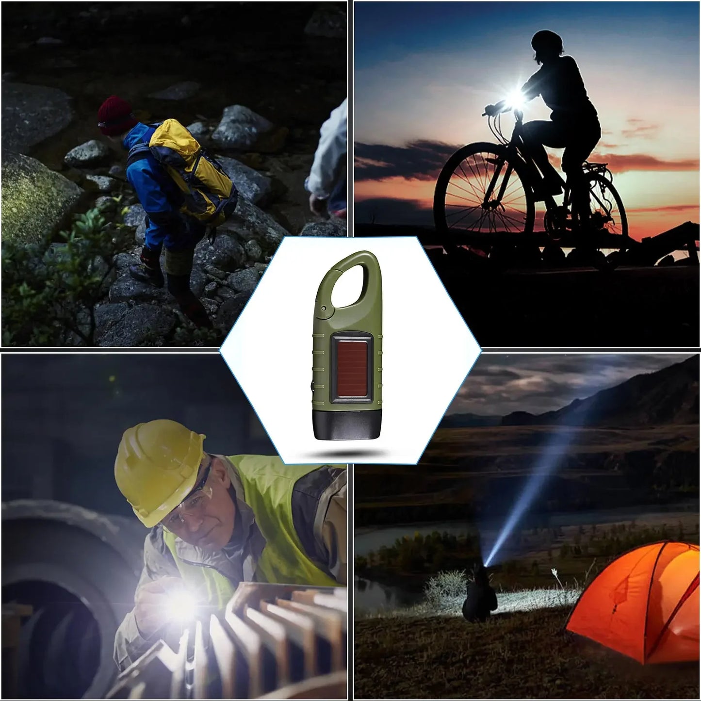 Mini Hand Crank Solar Powered Flashlight Carabiner Flashlight Clip on Backpack for Camping Mountaineering and Outdoor Hiking