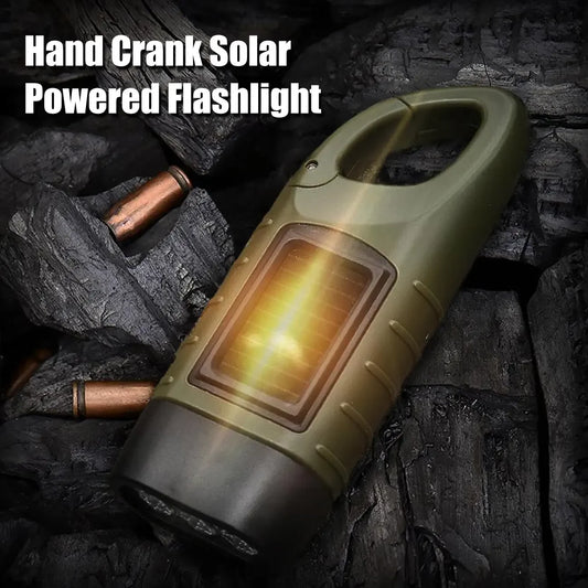 Mini Hand Crank Solar Powered Flashlight Carabiner Flashlight Clip on Backpack for Camping Mountaineering and Outdoor Hiking